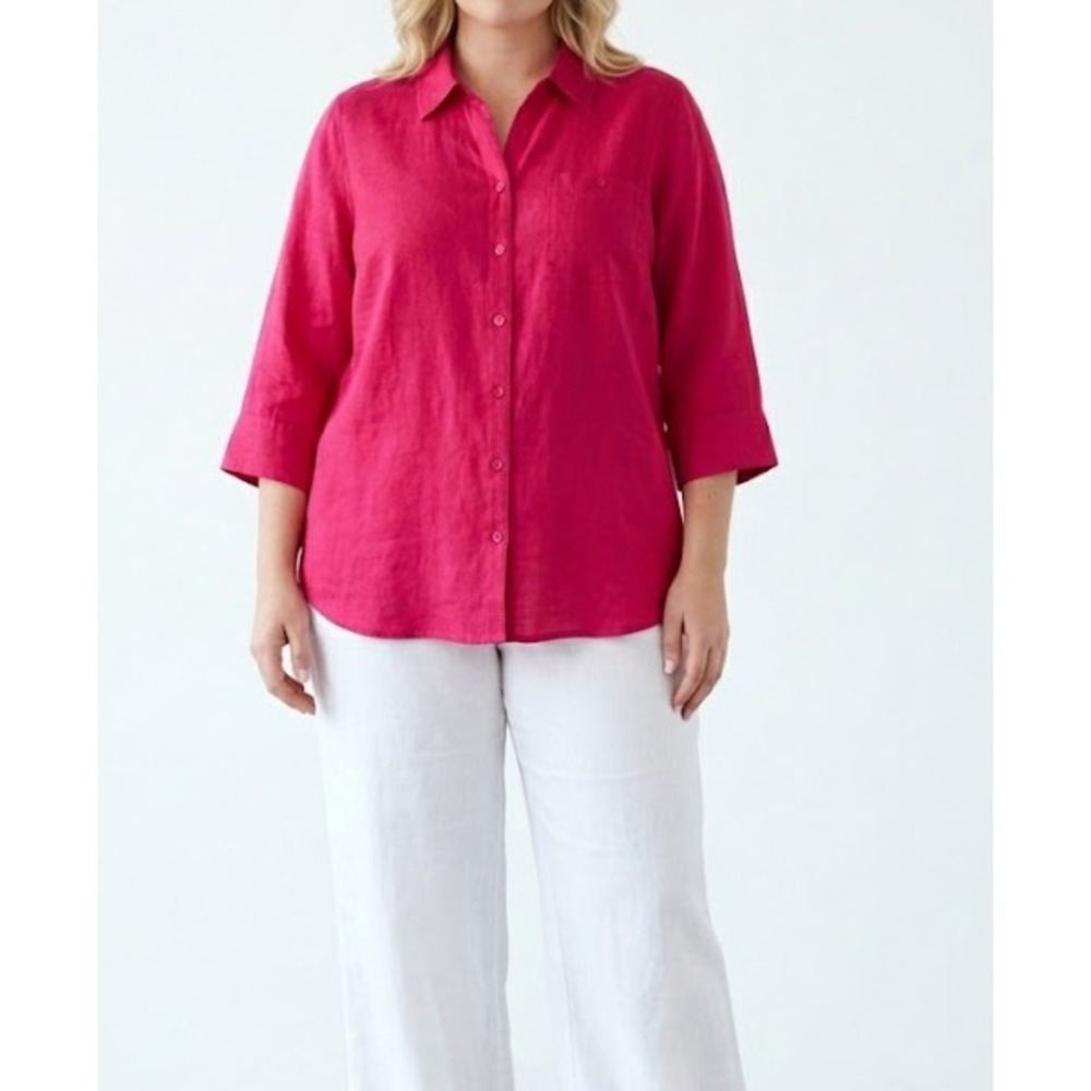 New Avenue Button Down Shirt size 18/20 Pink Linen Cotton Blend 3/4 Sleeve